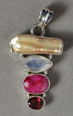 Blister shell, rainbow moonstone, ruby and garnet pendant.